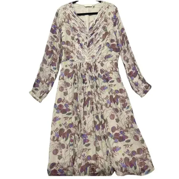 Soft Surroundings Dress Taupe Floral Peasant Chiffon Prairie Women's Size 8 - Picture 2 of 12